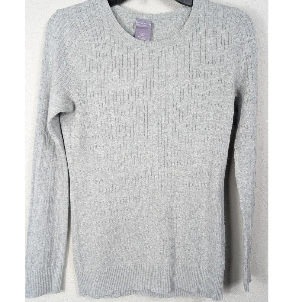 Laura Scott Sweater Women Small Gray Cable Knit Crew Neck Pullover Cotton Blend